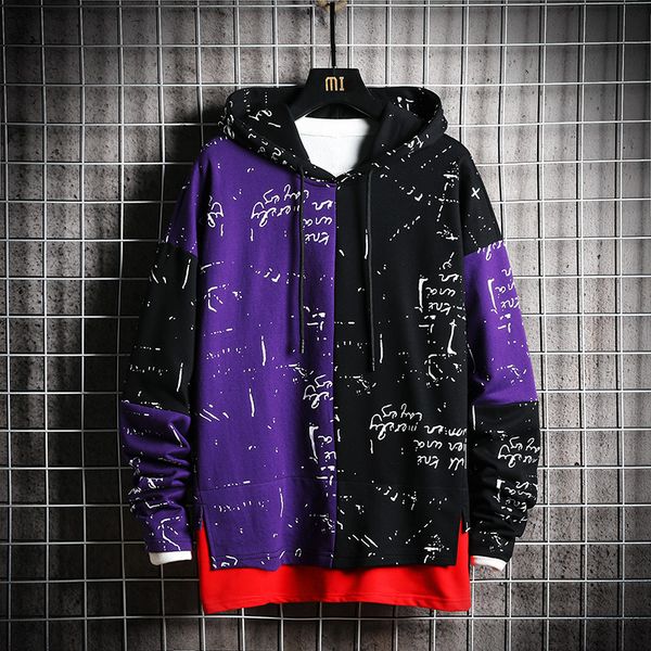

men's hoodies men patchwork sweatshirt male harajuku japanese streetwear hip hop oversized black purple hoodie men