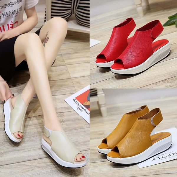 

2021 fashion summer sandals women shake shoes thick wedges slope platform head leather sandals women casual flats shoes, Black