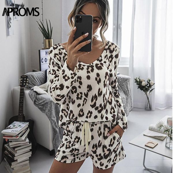 

aproms vintage leopard print 2 piece set female casual long sleeve and shorts holiday loungewear tracksuits for women suits1, Gray