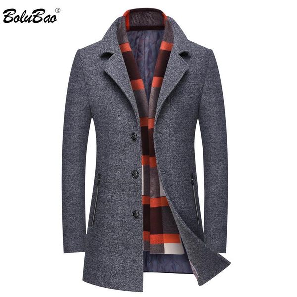 

bolubao winter men with scarf wool blend coats brand men fashion solid wool overcoat thick warm coat male, Black