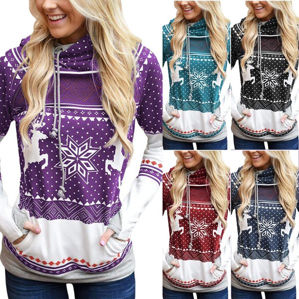 

christmas zipper print pocket hooded finger sweater om8728, Black