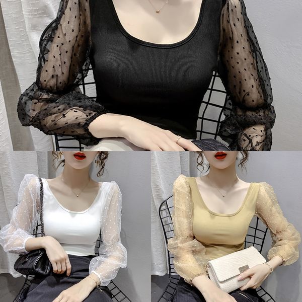 

526 новых осенью и летом 2020 корейский дизайн лето новый стиль корейский стиль шифон чувство сетки сплайсинг длинный рукав тонкий короткий, White