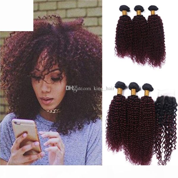 

new arrival wine red #1b 99j kinky curly hair bundles with lace closure burgundy ombre kinky curly hair with closure 4pcs lot, Black