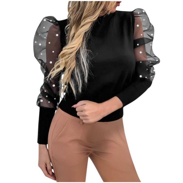 

women's blouses & shirts mesh lantern sleeve blouse fashion women o-neck dot casual loose solid blusas mujer de moda 2021 ye, White