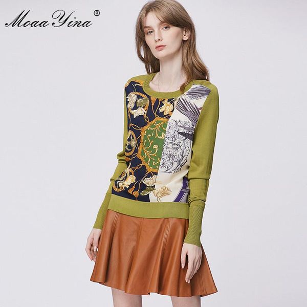 

women's sweaters moaayina fashion spring autumn long sleeve knitting elegant stripe floral-print silk wool sweater pullovers, White;black