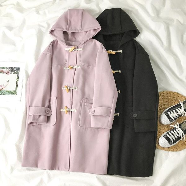 

horn button mid-length woolen hooded jacket women winter 2020 new sweet and small long-sleeved woolen coat loose and fashionable1, Black