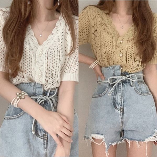 

1emey корейского pearlpearlt футболку pearlchic новых нежные моды в перспективе показать кнопку тонкой жемчужной свободный тонкие v-образный, White;black