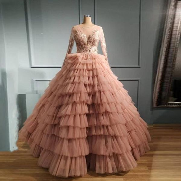 

dusty pink tulle tiered prom dresses sheer neck lace appliques long sleeves evening gowns robe de soiree party dresses, Black;red