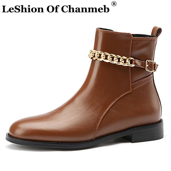 

2021 winter real корова кожа ботильоны женщины new metal chain zipper большой размер 43 короткие сапоги обувь lady женский пинетки brown, Black
