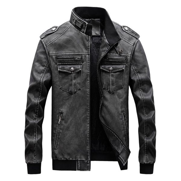 

men's casual leather jacket autumn and winter stand collar large pu leather jacket, multi pocket loose jacket, Black