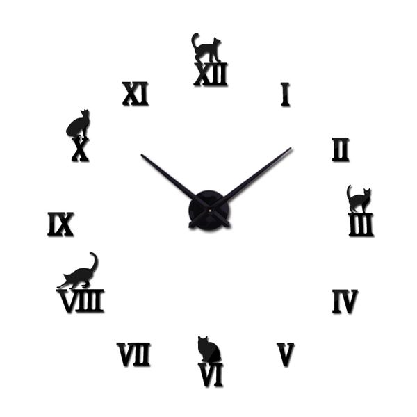 Heißes Design große dekorative Wanduhren kurzes Design DIY Uhren Digitaluhr Quarz Wohnzimmer 3D-Katze Wandaufkleber Y200407