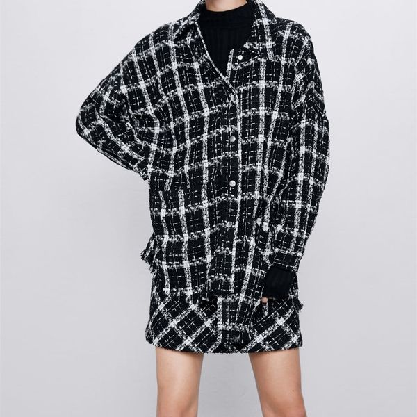 

traf 2020 autumn women's black and white houndstooth oversized pocket coat long sleeve loose plaid jacket streetwear