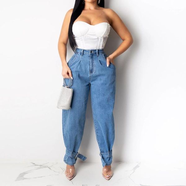 

women lady fashion plus size jeans hole zipper high waist denim pants fashon high wasited jeans straight trousers #31, Blue