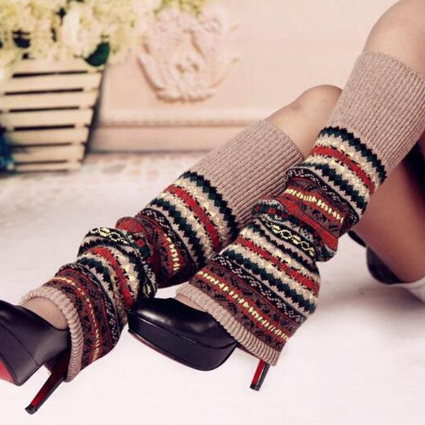 

tribal print 1pair women boot socks knee high bohemia knitted shoes accessories multicolor winter gaiters stocking, Black;white