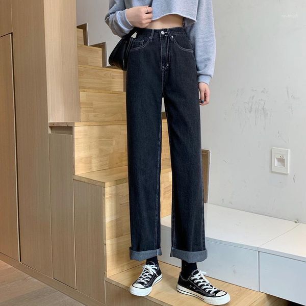 

women's jeans 2020 new fashion high waist wide-leg pants trousers girls pants casual straight loose black denim women1, Blue