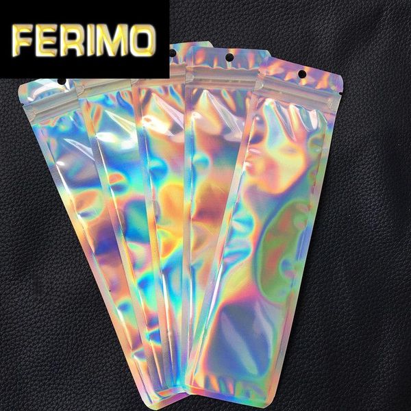 

100pcs holographic storage flat bags laser mylar foil pouch one side clear reusable cosmetic package bag with hang hole