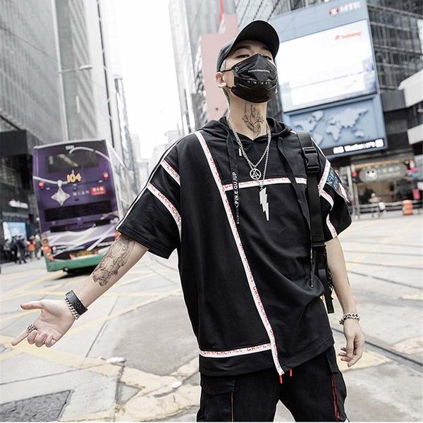 

black hooded t-shirt men women hip hop tshirt patchwork design short sleeve sweatshirt streetwear tees kg-25, White;black