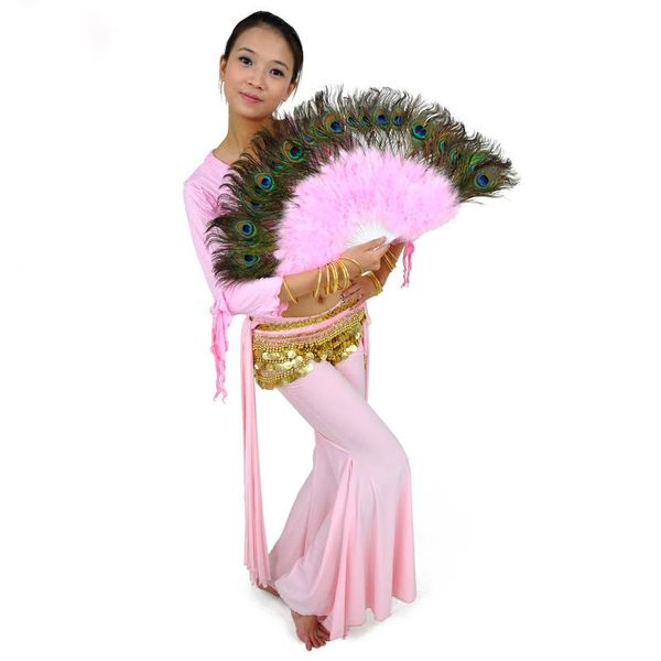 

belly dance peacock feathers dance fan 10 colors stage performance props feather folding hand fans, Black;red