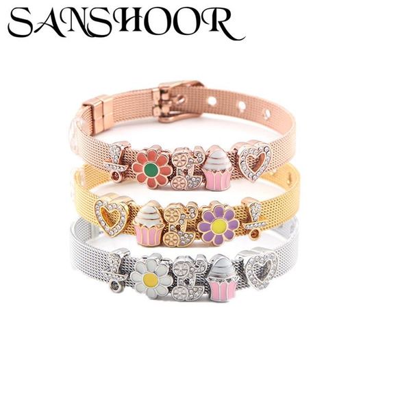 

sanshoor из нержавеющей стали mesh браслета сияющего кристалл сердце соски коляска кекс slide diy подвески для женщин детей бэнглого, Golden;silver