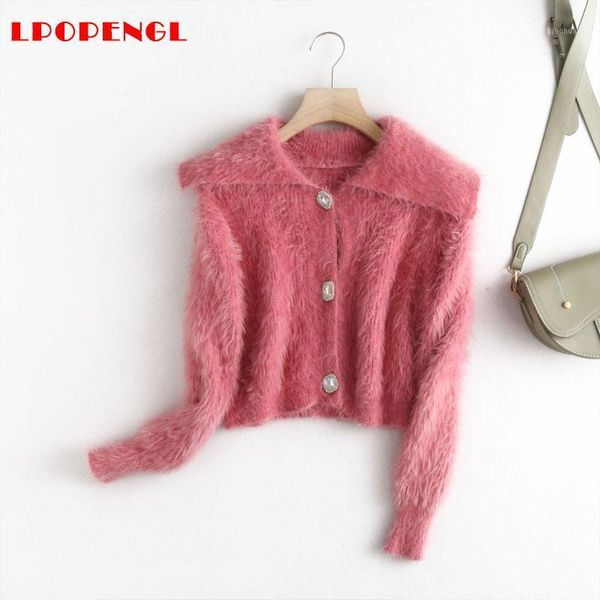 

winter furry furry sweater women's lapel stand collar short cardigan casual solid long sleeve crop sweater street clothing 1, Black;brown