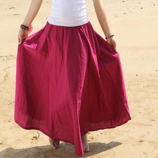 

2020 fashion women summer spring new linen cotton long maxi skirt elastic waist bohemian beach a-line ladies skirt1, Black