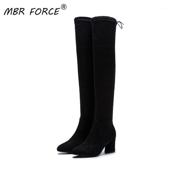

mbr force fashion women stretch fabric boots over the knee pointed toe quality long comfort botines mujer thigh high boots1, Black