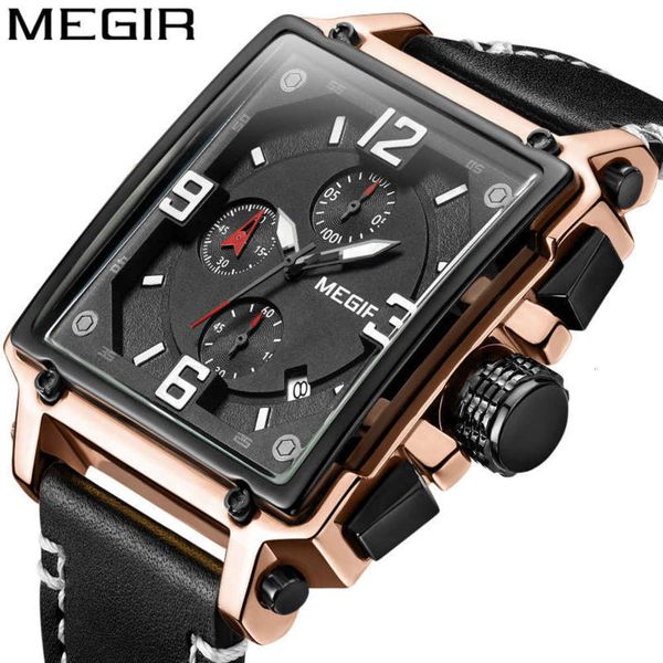 

watch fashion meige square megir men's multifunctional calendar leather men's quartz watch 2061eaaz, Slivery;brown