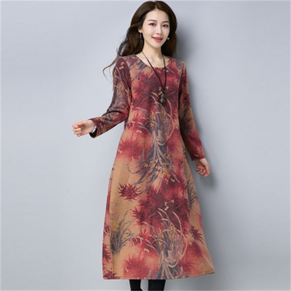 

2021 new woolen dressed in red female turtleneck high autumn winter printing of vintage light gowns wxf652 kces, Black;gray