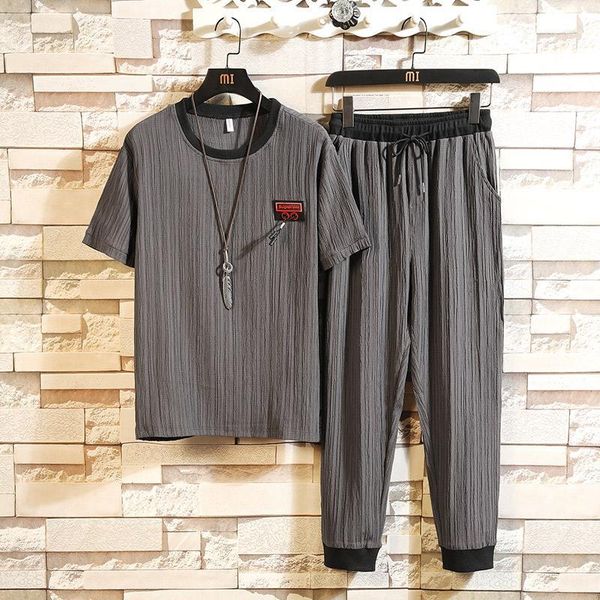 

summer men set 2pc sporting suit short sleeve t shirt+ankle-length pants casual loose two piece tracksuit sets clothes men1, Gray