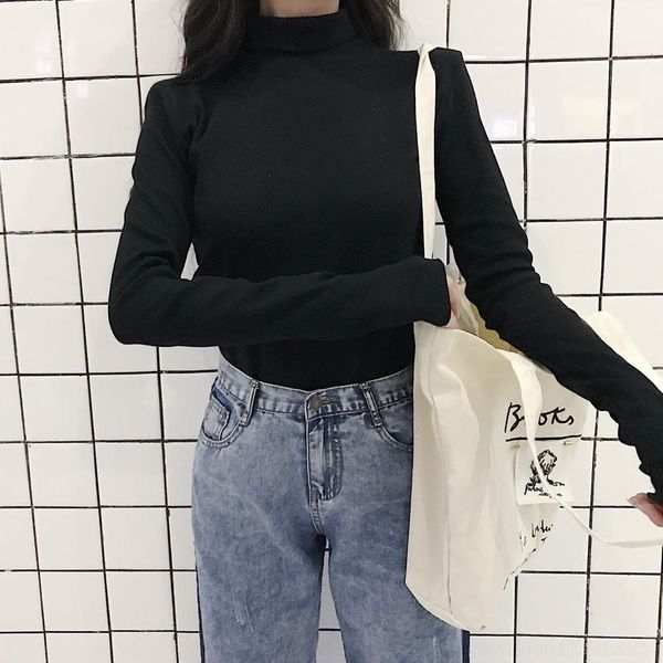 

2jdwk autumn version high korean and of versatile slim t-shirt slim solid color winter collar long for women's frosted t-shirt sleeve b, White