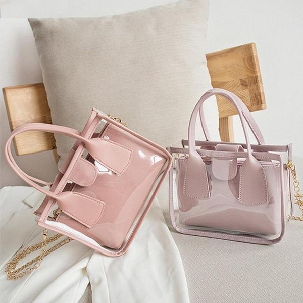 

2pcs/set transparent bag women shoulder bag small chain jelly bags handbags phone totes fashion solid travel crossbody 2020