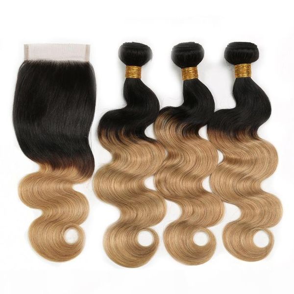 

china ombre human hair bundles with closure 1b 27 body wave hair extension hair weave for sale, Black