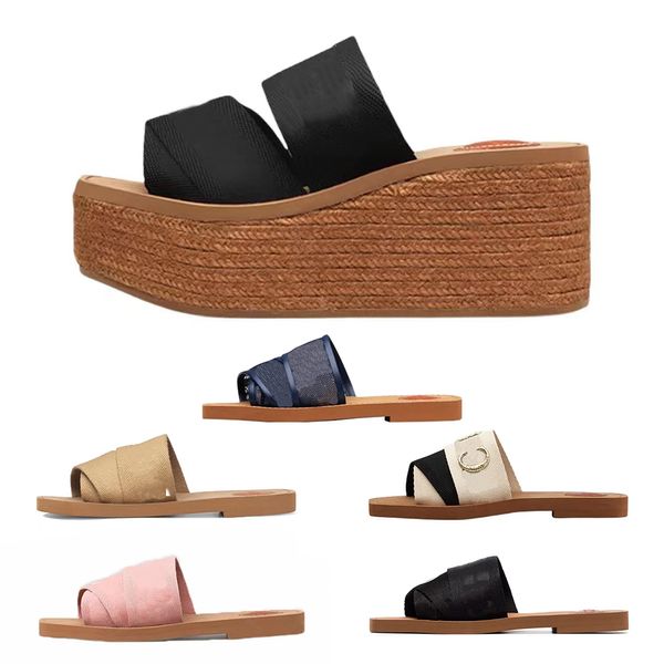 2022 Luxus-Designer-Sandalen Slipper Kreuz gewebte römische Hausschuhe Schuhe Druck Slide Sommer Wide Flat Lady Canvas Schriftzug Stoff Outdoor Ledersohle 35-42