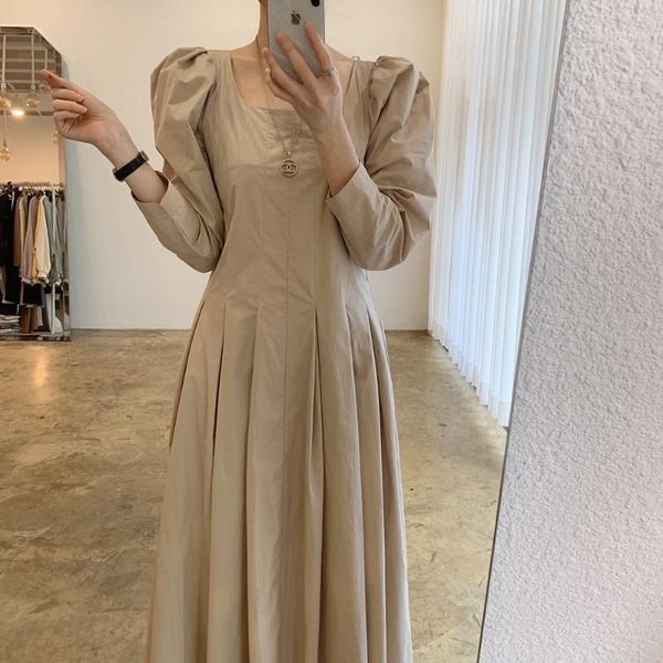 

2020 fashion women clothing chic style square neck pleated high waist dress long sleeve autumn spring woman long elegant dresses1, Black;gray
