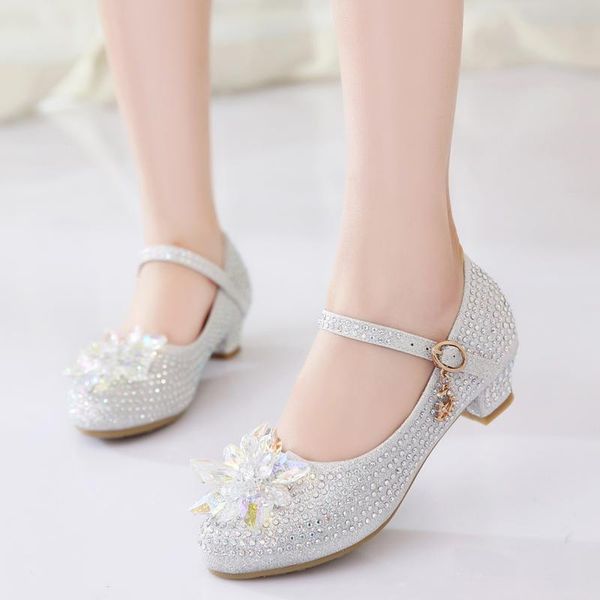 

children' high heel princess shoes girl crystal shoes fashion show leather, Black;grey