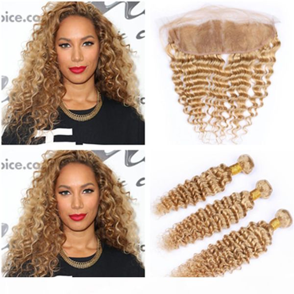 

#27 honey blonde deep wave 3bundles peruvian hair with frontal 4pcs lot light brown human hair 13x4 lace frontal closure with weaves, Black;brown