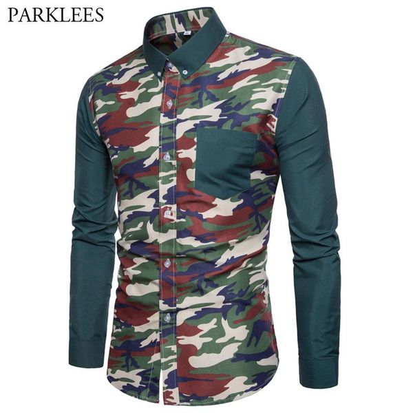 

camouflage patchwork mens shirts camo men dress shirt casual slim fit men long sleeve pocket chemise camisa para hombre, White;black