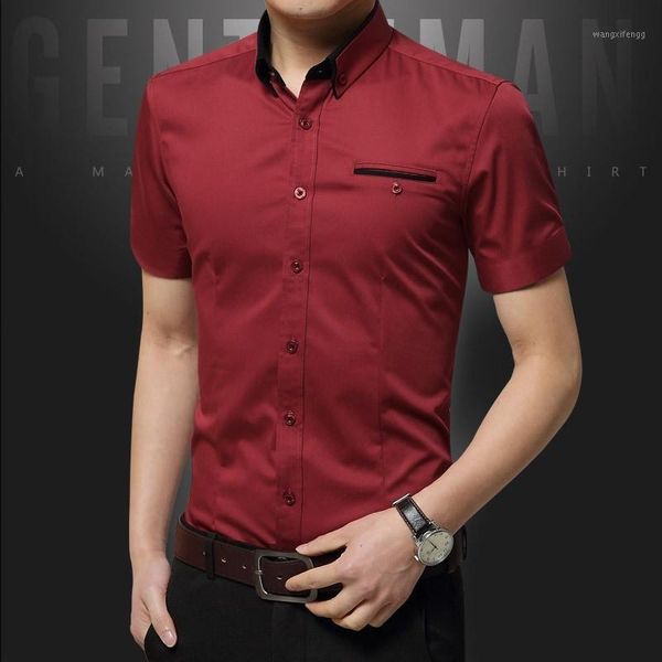 

2020 summer office work men short sleeve solid color shirts groomsman slim fit wedding business shirt plus size 5xl camisas1, White;black