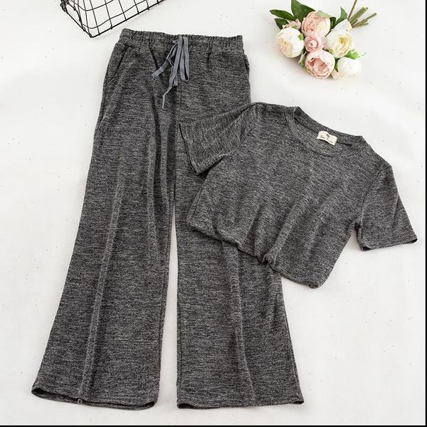 

2021 new womens sets short sleeved t shirt high waist loose show thin fashion broad legged casual trouser suit womens clothing, Gray