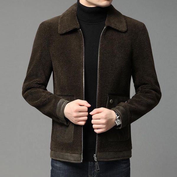 

winter cashmere jacket men's short granular fleece fur integration new cashmere lapel thickened coat fashion, Black
