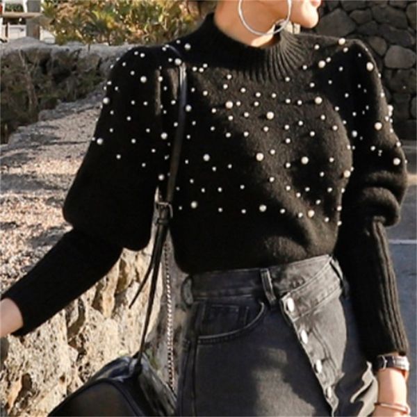 

new -women's wool 2021 pearl bubble sleeve half high sweater ggon, Tan;black