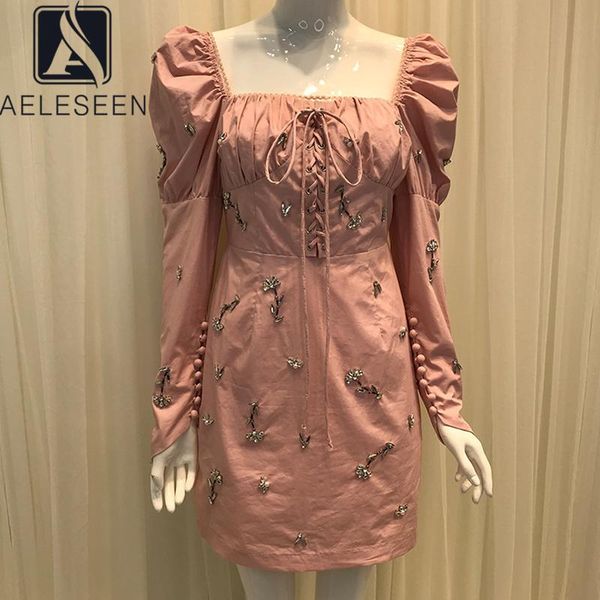 

aeleseen runway fashion women dress designer new arrival autumn square collar pink beading diamonds bandage embroidery dresses, Black;gray