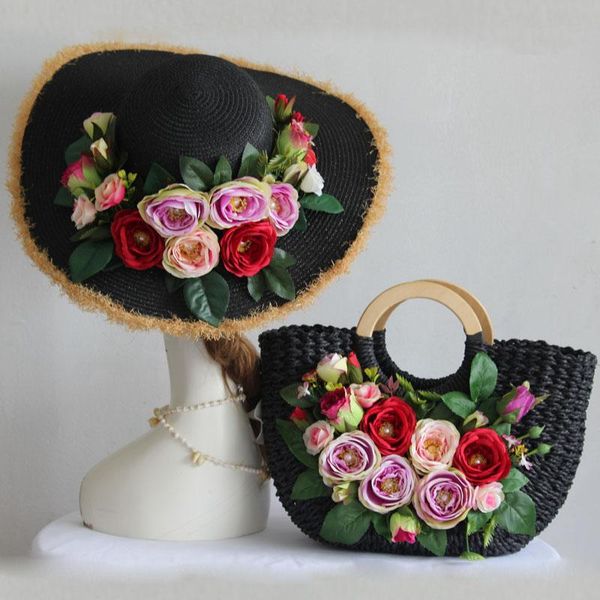 

bohemia style pgraph original design casual summer vacation tote handbag hat suit women fashion rose flower straw beach bag