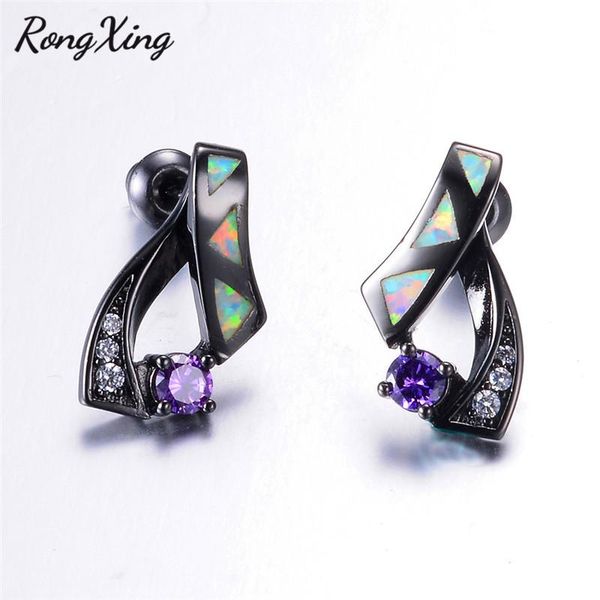 

stud rongxing geometric lake blue/purple zircon birthstone earrings black gold filled blue/white fire opal lover gifts, Golden;silver