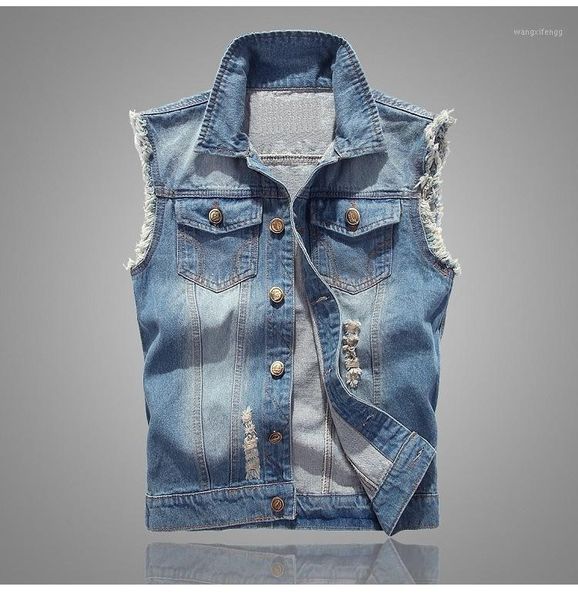 

2020 men's autumn ripped denim vest adolescents lapel slim fit denim vest1, Black;white