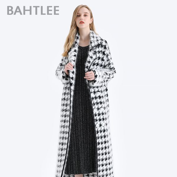 

bahtlee women angora long coat houndstooth pattern sweater winter wool knitted cardigans jumper turn down collar long sleeves lj201113, White;black
