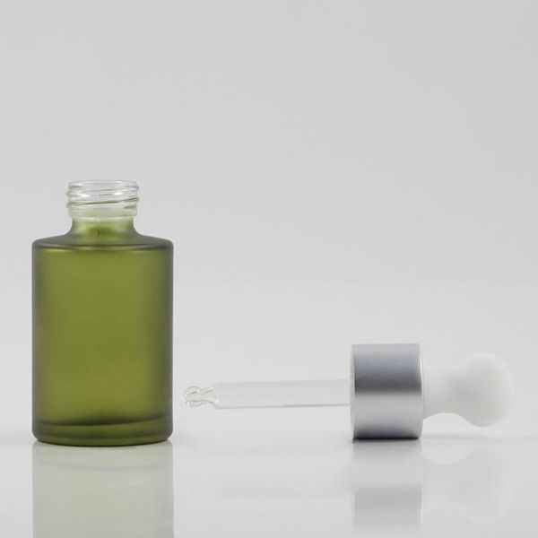 

wholesale glass bottle with dropper cap 30ml round frosted green glass packaging