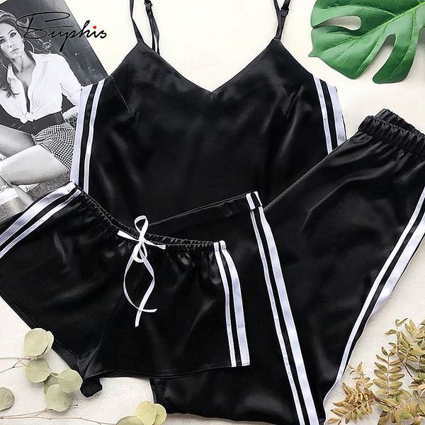 

suphis side stripe pajamas silk women satin pajama pants v neck camis home sleepwear shorts set female summer 3 piece suit y200708, Black;red