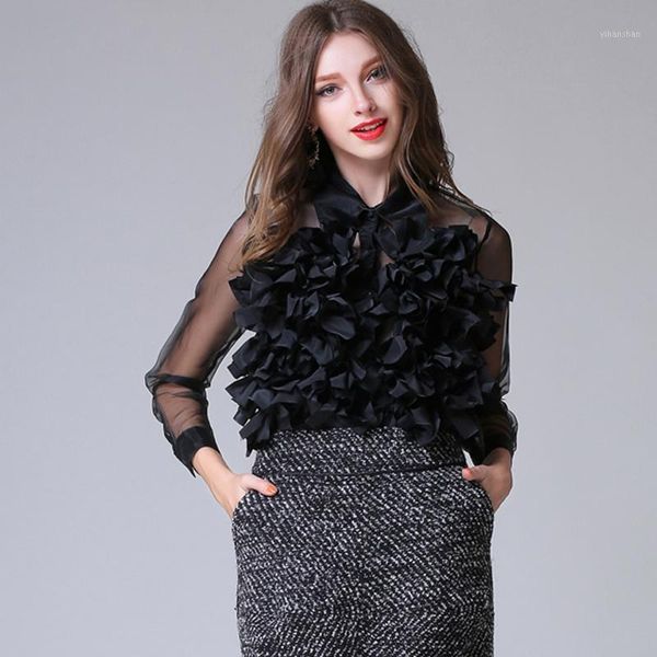 

new fashion 2020 designer blouse women's long sleeve ruffle flower appliques summer blouse shirt1, White