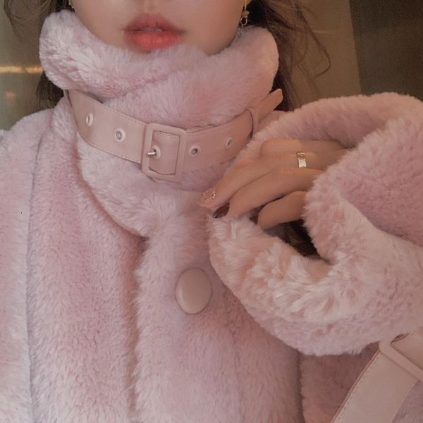 

pink faux fur coat elegant winter sweet warm trend coats japanese style kawaii korean overcoat women 2021 new ac6m, Black